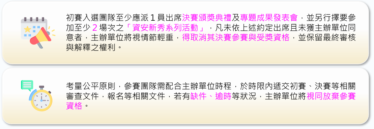圖說:參賽須配合義務說明：1、出席決賽頒獎典禮及專題成果發表會；2、參賽團隊需配合主辦單位時程繳交相關文件